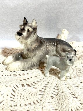 Lefton Pair of Schnauzer Dog Figurines The Larger Lying Down Small one Standing